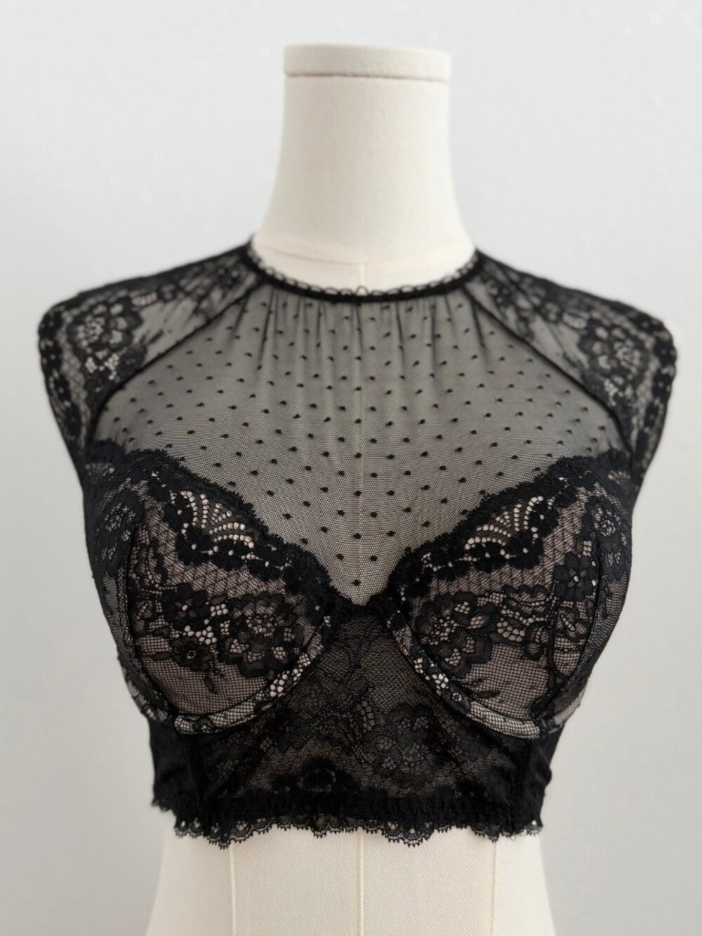 Dobreva Black Sheer Lace Bustier Coquette Romantic Goth Mesh Bralette Top (34D)